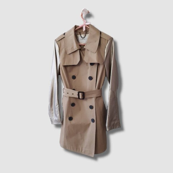 Preloved BCBG belted khaki gold faux leather sleeve trench coat jacket - Picture 6 of 16
